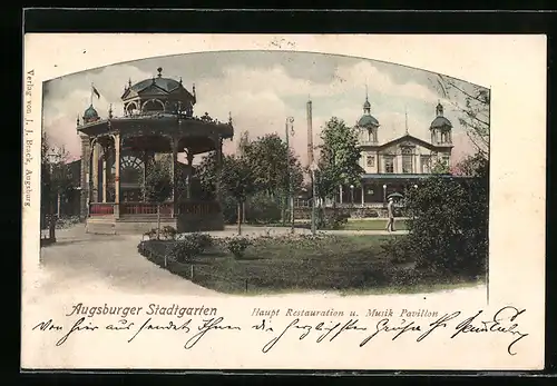 AK Augsburg, Stadtgarten mit Hauptrestaurant und Musik-Pavillon