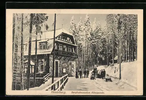 AK Heidelberg, Bergbahnstation Königstuhl mit Gasthof im Winter