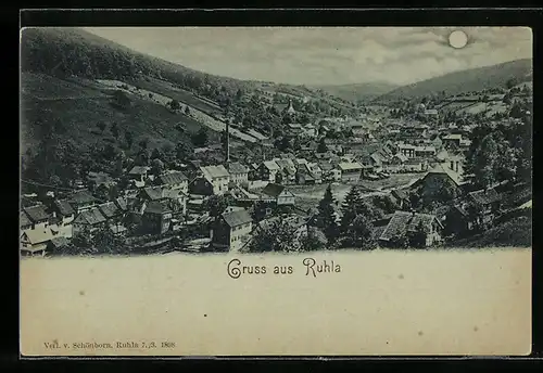Mondschein-AK Ruhla, Totalansicht von einem Berg aus
