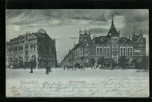 Mondschein-AK Düsseldorf, Bahnhofsplatz