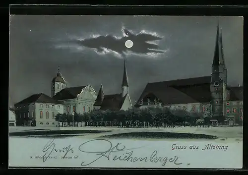 Mondschein-AK Altötting, Stadtmitte mit den Kirchen