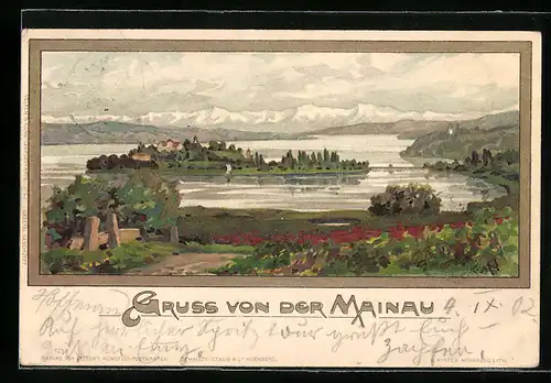 Künstler-AK K. Mutter: Insel Mainau, Blick auf Bodensee mit Alpenpanorama