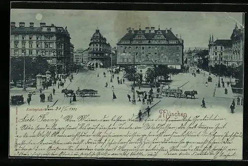 AK München, Karlsplatz mit Litfasssäule, Pferdegespann