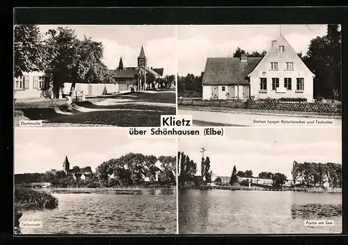 AK Klietz, Dorfstrasse, Partie am See und Station Junger Naturforscher und Techniker