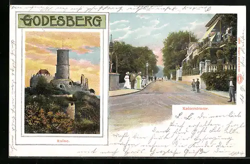 AK Godesberg, Blick in die Kaiserstrasse, Ruine im Abendrot