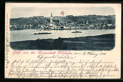 AK Vilshofen a d. D., Ortsansicht über die Donau gesehen