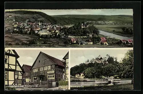 AK Polle /Oberweser, Ortsansicht, Gasthaus Zum Klosterkrug, Weserpartie