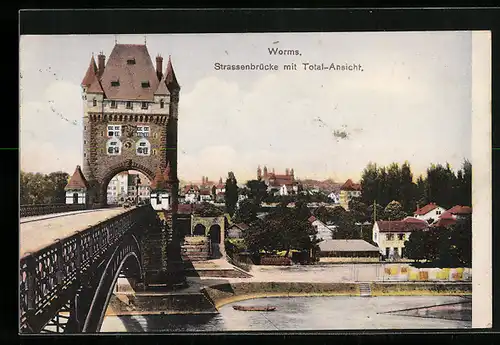 AK Worms, Strassenbrücke mit Totalansicht