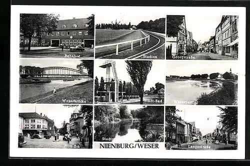 AK Nienburg /Weser, Bahnhof, Stadion, Georgstrasse, Weserbrücke, Stadtbad, Langestrasse, Film-Eck