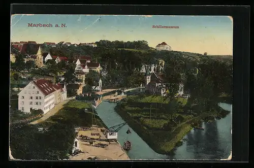 AK Marbach a. N., Teilansicht mit Schillermuseum aus der Vogelschau