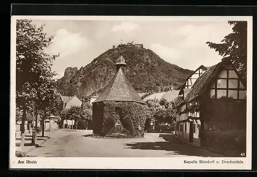 AK Rhöndorf, Kapelle und Drachenfels am Rhein