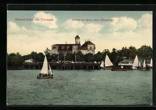 AK Steinhude, Strand-Hotel mit Terrasse, Abfahrt der Boote nach Wilhelmstein