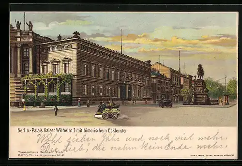 Lithographie Berlin, Partie am Palais Kaiser Wilhelm I mit historischem Eckfenster