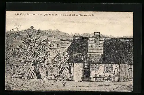 Künstler-AK Gresgen bei Zell i. W., Rümmelisbühl und Alpenaussicht