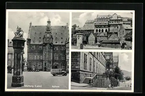 AK Marburg (Lahn), Rathaus, Terrassen-Cafè mit Tankstelle, Universität