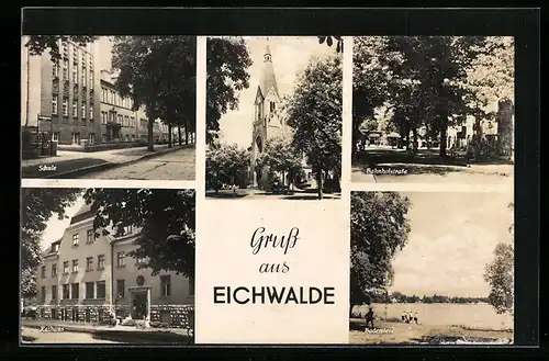 AK Eichwalde, Rathaus, Schule, Kirche, Bahnhofstrasse, Badewiese