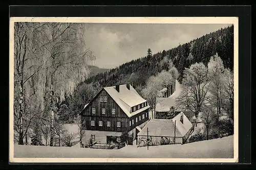 AK Bärenfels, verschneite Landschaft mit dem Landheim