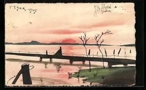 Künstler-AK Handgemalt: Uferpartie mit Steg bei Sonnenuntergang