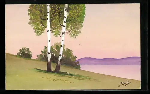 Künstler-AK Handgemalt: Uferpartie mit Birken