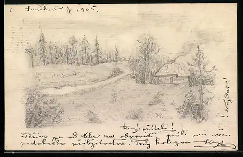 Künstler-AK Handgemalt: Partie am Wald mit Haus