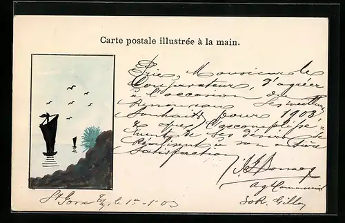 Künstler-AK Handgemalt: Küstenpartie mit Segelbooten