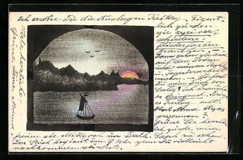 Künstler-AK Handgemalt: Uferpartie mit Boot bei Sonnenuntergang