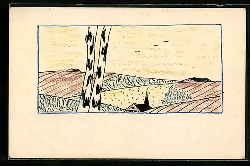 Künstler-AK Handgemalt: Landschaft mit Haus und Bäumen
