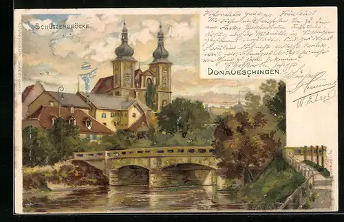 Lithographie Donaueschingen, Schützenbrücke mit Kirche