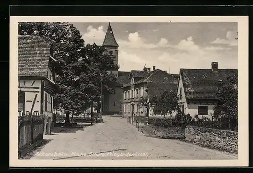 AK Scherzheim, Strassenansicht mit Kirche, Schule und Kriegerdenkmal