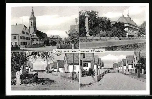 AK Schutterwald i. Baden, Platz vor der Kirche, Strasse vor den Wohnhäusern, am Ehrenmal