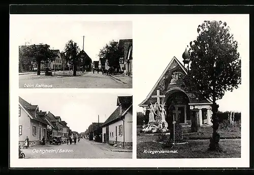 AK Oetigheim / Baden, Beim Rathaus, Kriegerdenkmal, Strassenpartie mit Gebäudeansicht