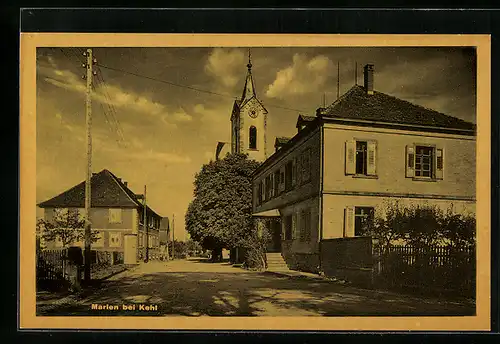 AK Marlen bei Kehl, Ortspartie mit Kirche