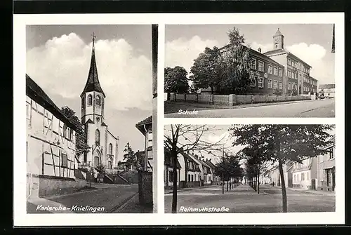 AK Karlsruhe, Mehransichten im Ort mit Schule, Reinmuthstrasse