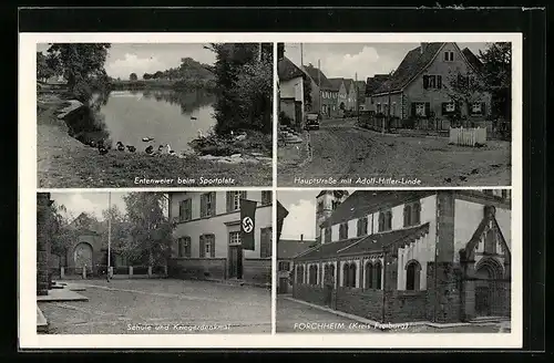 AK Forchheim /Kreis Freiburg, Schule und Kriegerdenkmal mit , Hauptstrasse mit Linde