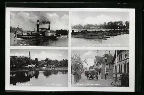 AK Greffern, Am Rossbach, Rheinbrücke, Schule und Rathaus, 