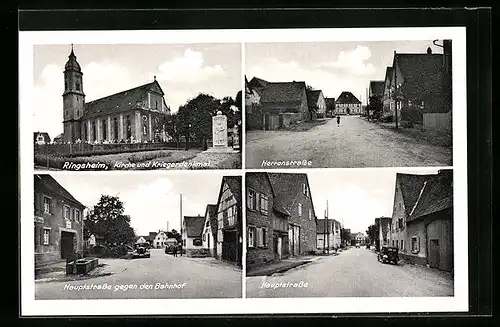 AK Ringsheim, Kirche und Kriegerdenkmal, Herrenstrasse und Hauptstrasse