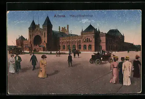 AK Hamburg-Altona, Hauptbahnhof mit Fussgängern und Automobil