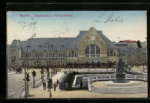 AK Aachen, Hauptbahnhof und Kriegerdenkmal