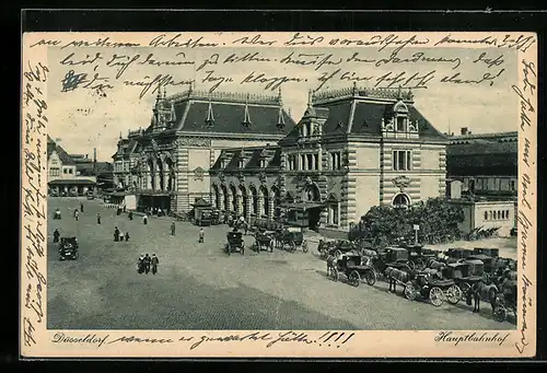 AK Düsseldorf, Hauptbahnhof mit Kutschen