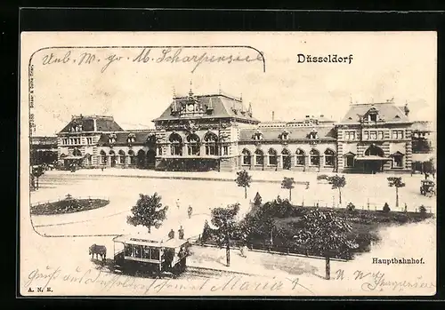 AK Düsseldorf, Hauptbahnhof mit Pferdebahn