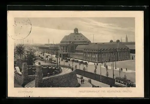 AK Dortmund, Hauptbahnhof mit Vehmlinde-Bastei und Strassenbahn