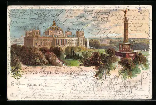 Lithographie Berlin-Tiergarten, Königsplatz, Reichstagshaus, Siegessäule