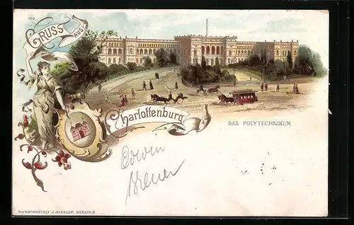 Lithographie Berlin-Charlottenburg, Verkehr vor dem Polytechnikum, Wappen