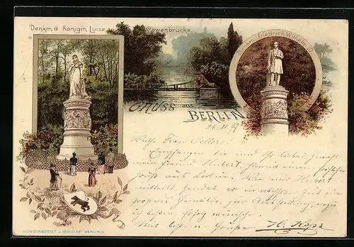 Lithographie Berlin-Tiergarten, Denkmal Königin Luise mit Uferpartie