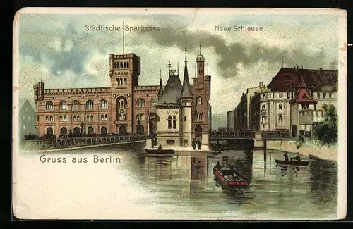 Lithographie Berlin, Städt. Sparkasse, Neue Schleuse, Mühlendamm