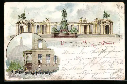 Lithographie Berlin, Kaiser Wilhelm Denkmal, aufziehende Wache, Nestle Werbung