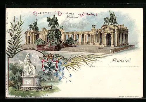Lithographie Berlin, National-Denkmal Kaiser Wilhelm I., Kaiserin Augusta-Denkmal