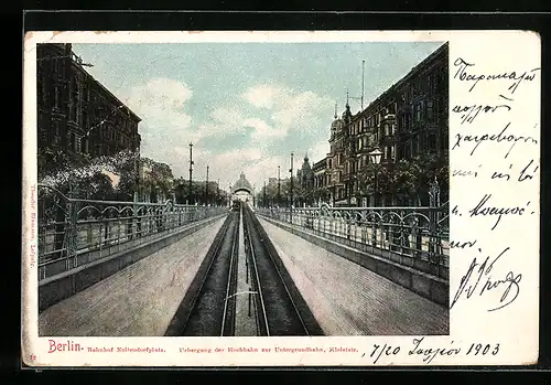 AK Berlin-Schöneberg, Bahnhof Nollendorfplatz mit Übergang der Hochbahn zur Untergrundbahn an der Kleiststrasse