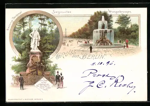 Lithographie Berlin-Tiergarten, Partie am Wrangelbrunnen, Lessing-Denkmal