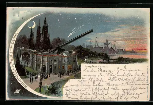 Lithographie Berlin-Treptow, Nachtpartie am Riesenfernrohr mit Mond und Planet